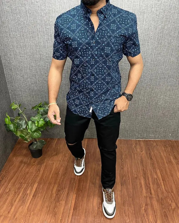 Stylish Casual & Classy Blue Printed Blind Cotton Half Sleeves Shirt