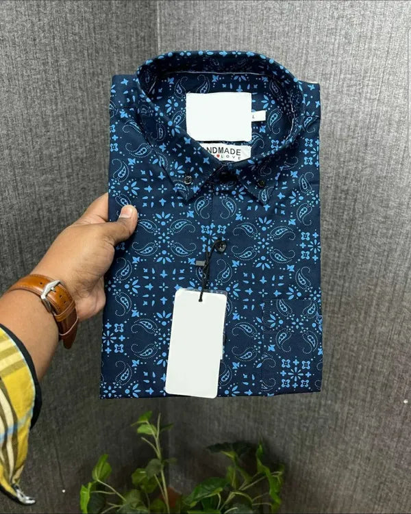 Stylish Casual & Classy Blue Printed Blind Cotton Half Sleeves Shirt