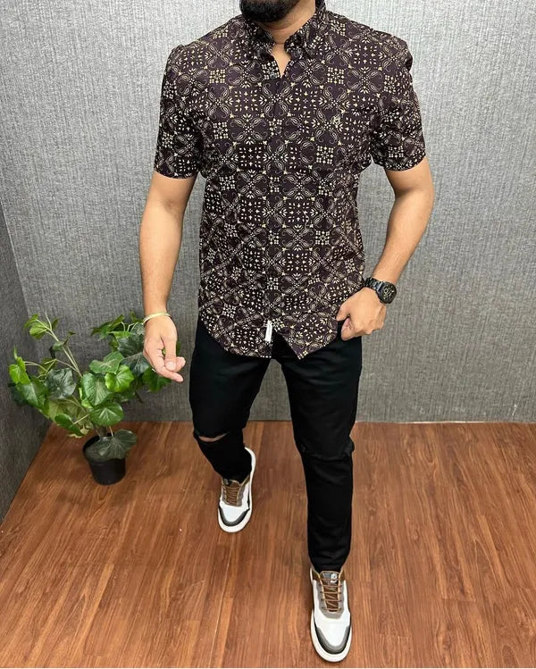 Stylish Casual & Classy Dark Purple Printed Blind Cotton Half Sleeves Shirt