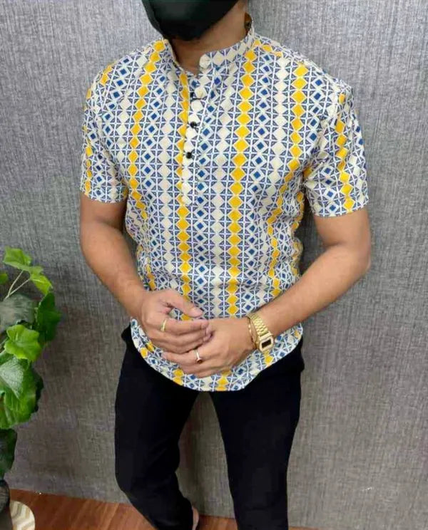 Stylish Casual & Classy Yellow Blue Colour Printed Kurta Shirt Half Sleeves