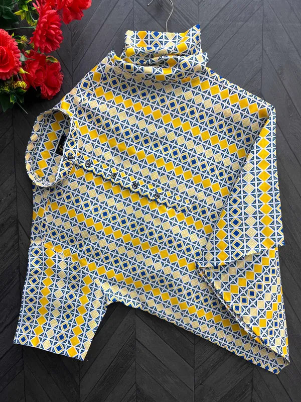 Stylish Casual & Classy Yellow Blue Colour Printed Kurta Shirt Half Sleeves