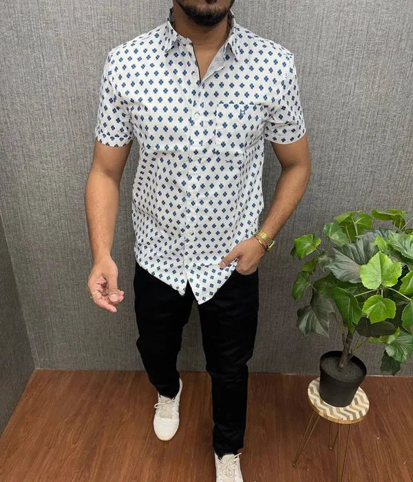 White Printed Cotton Shirt for Men