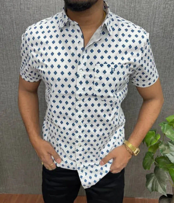 White Printed Cotton Shirt for Men