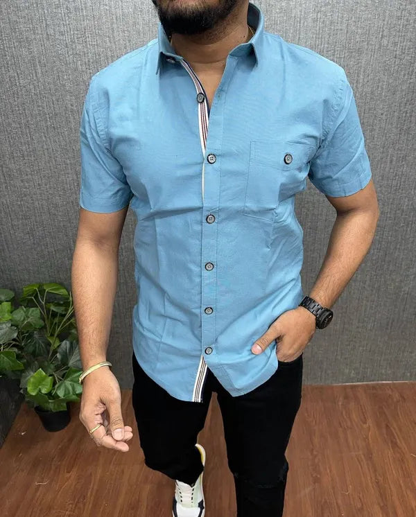 Sky Blue Cotton Half Sleeves Shirt