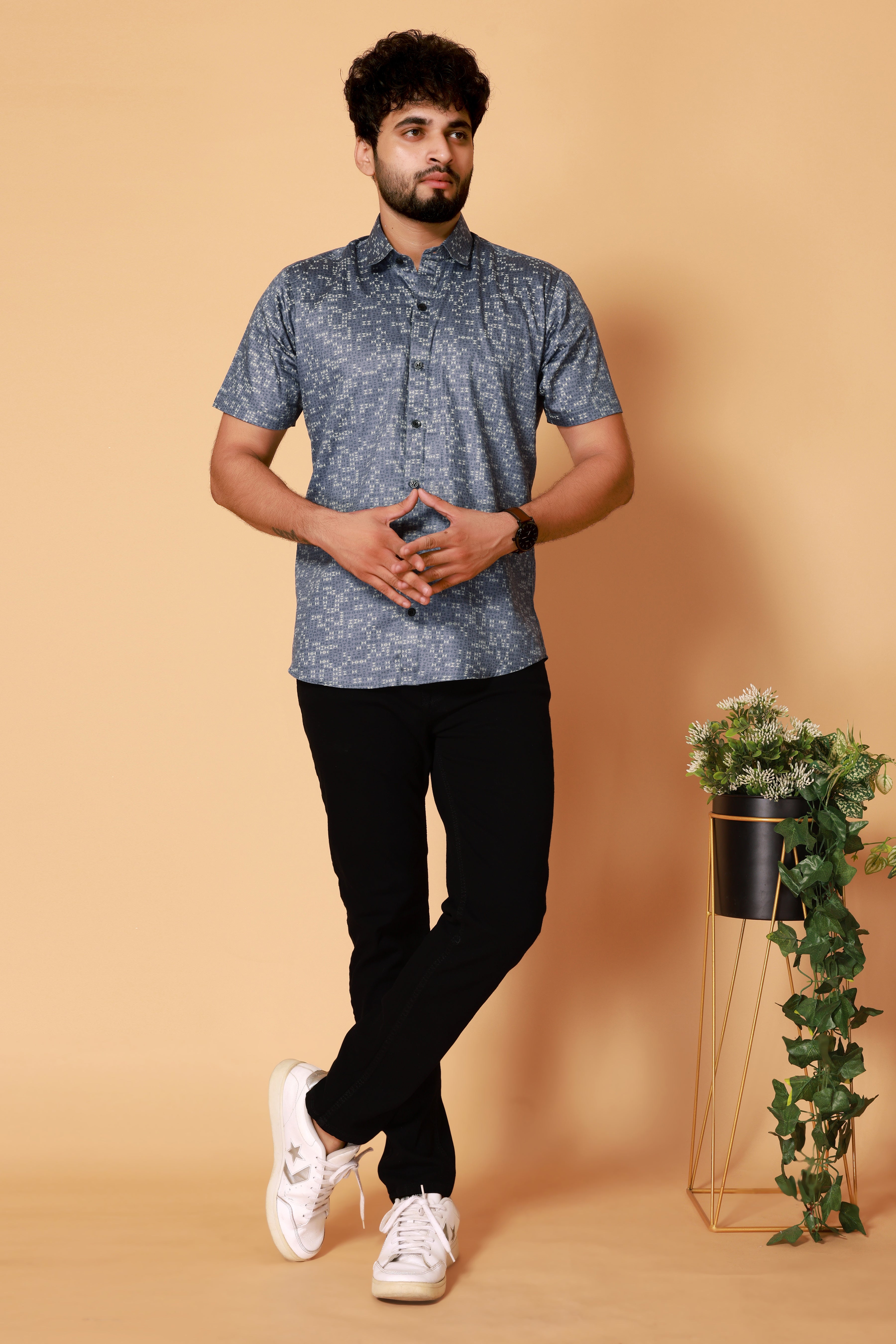 Stylish Casual & Classy Cotton Printed Navy Blue Half Sleeves Shirt