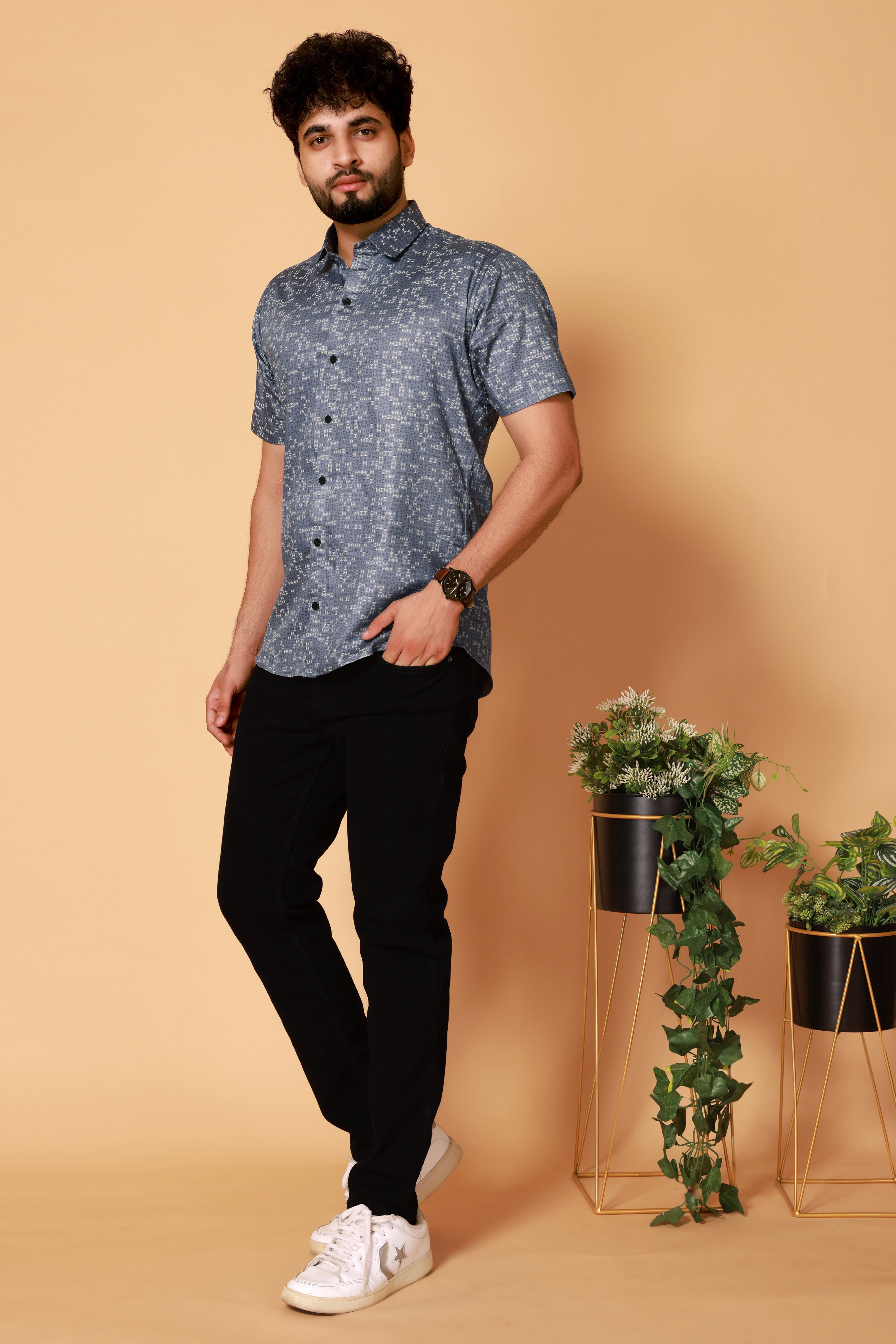 Stylish Casual & Classy Cotton Printed Navy Blue Half Sleeves Shirt