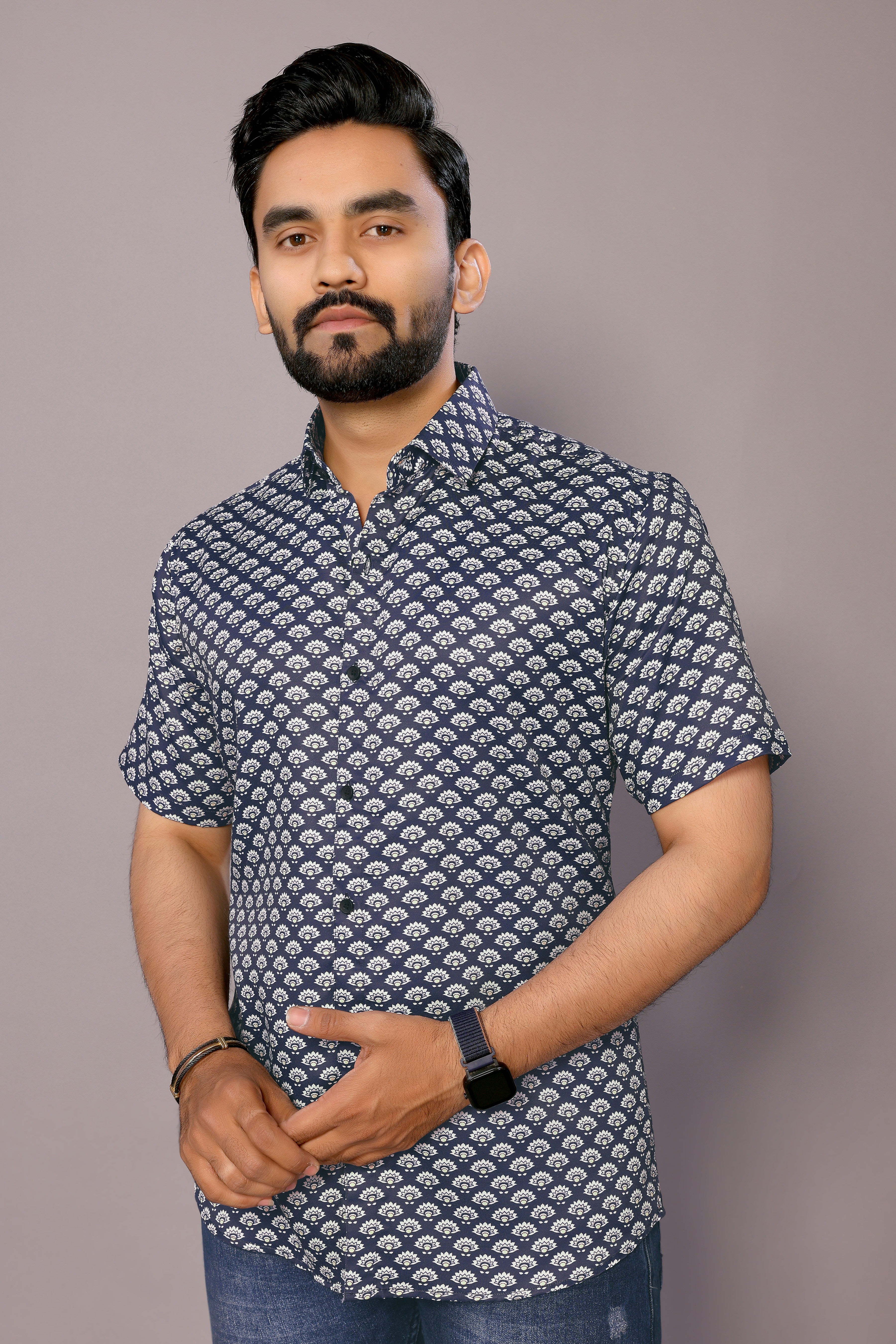 Stylish Casual & Classy Printed Blind Cotton Half Sleeves Shirt