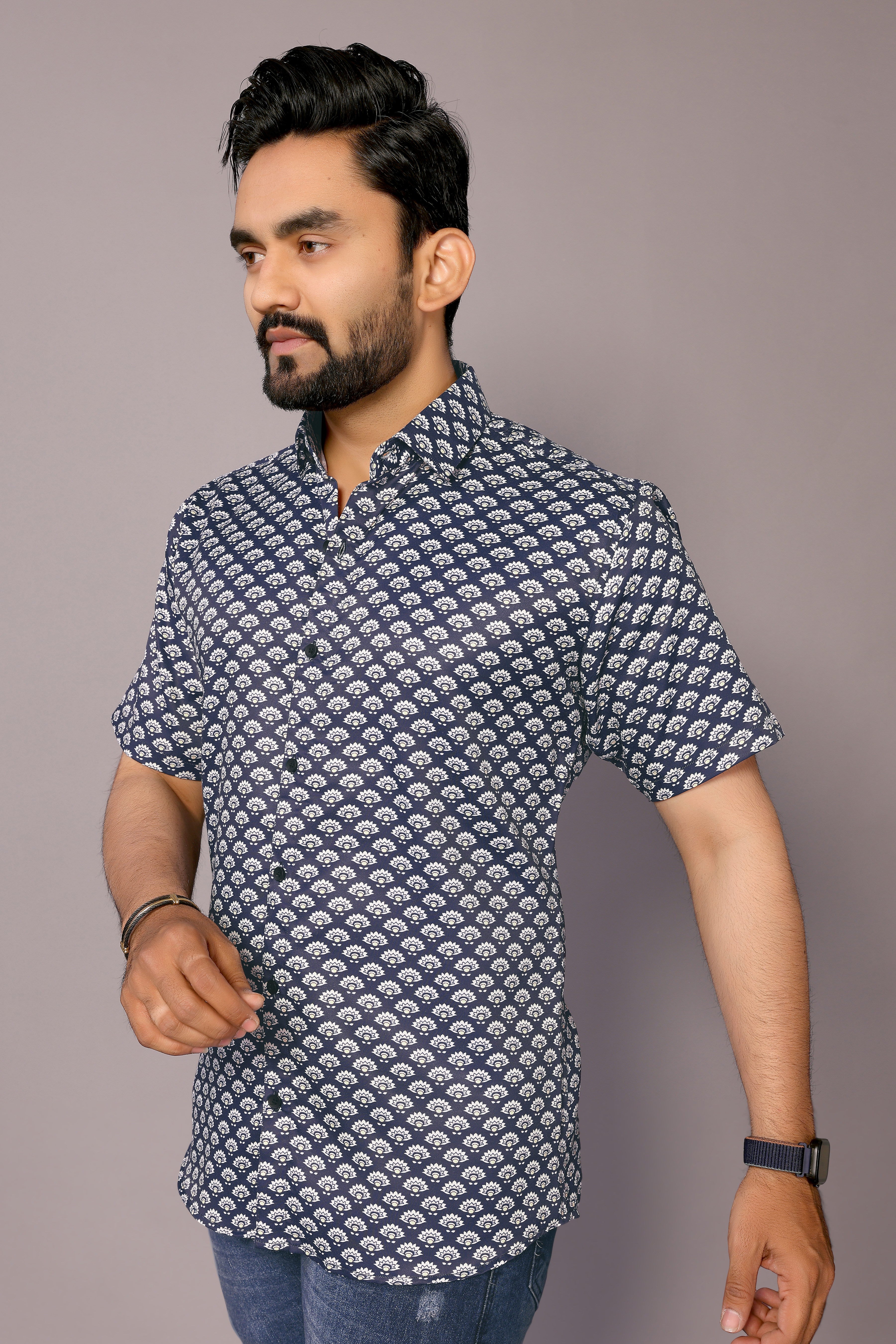 Stylish Casual & Classy Printed Blind Cotton Half Sleeves Shirt