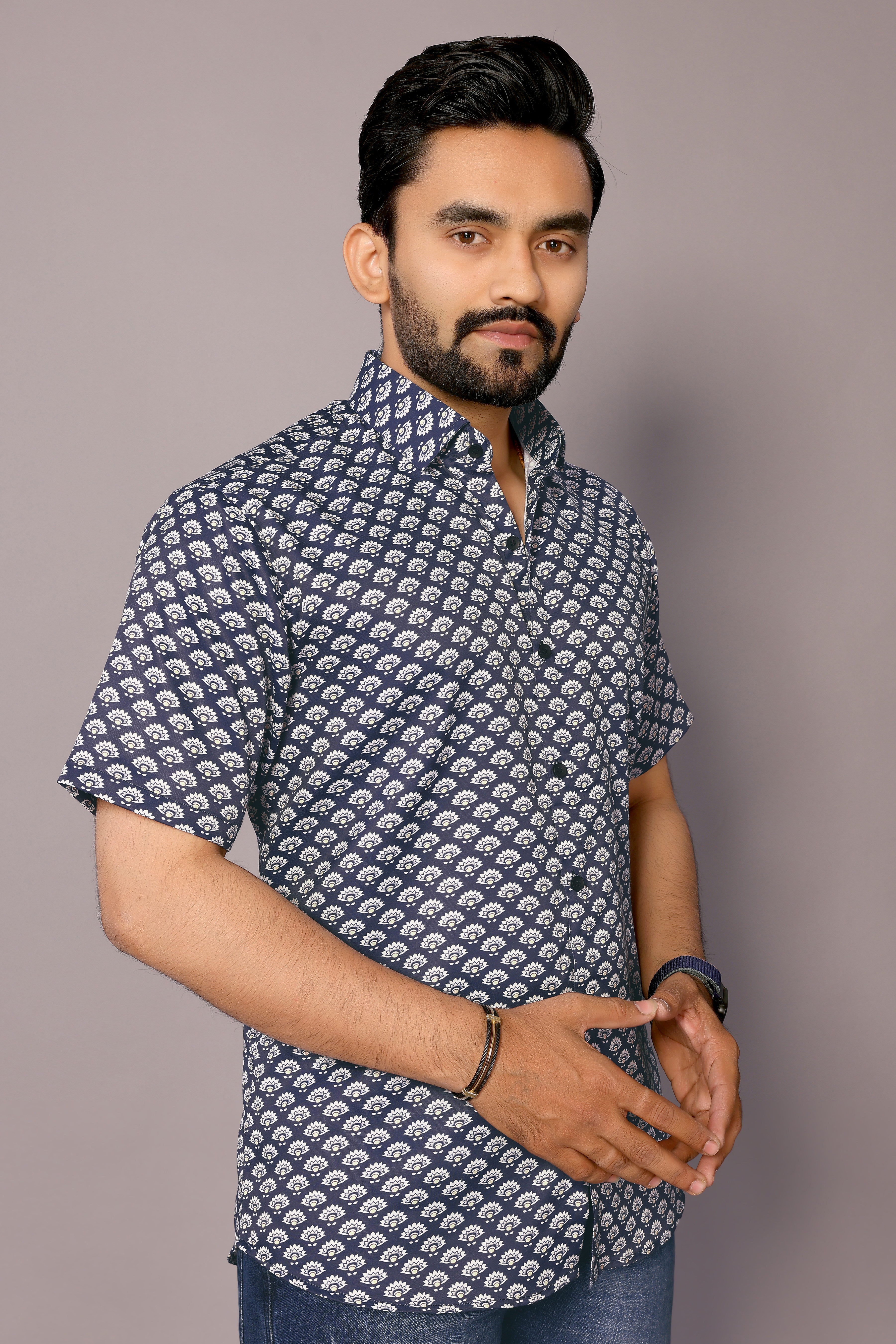 Stylish Casual & Classy Printed Blind Cotton Half Sleeves Shirt