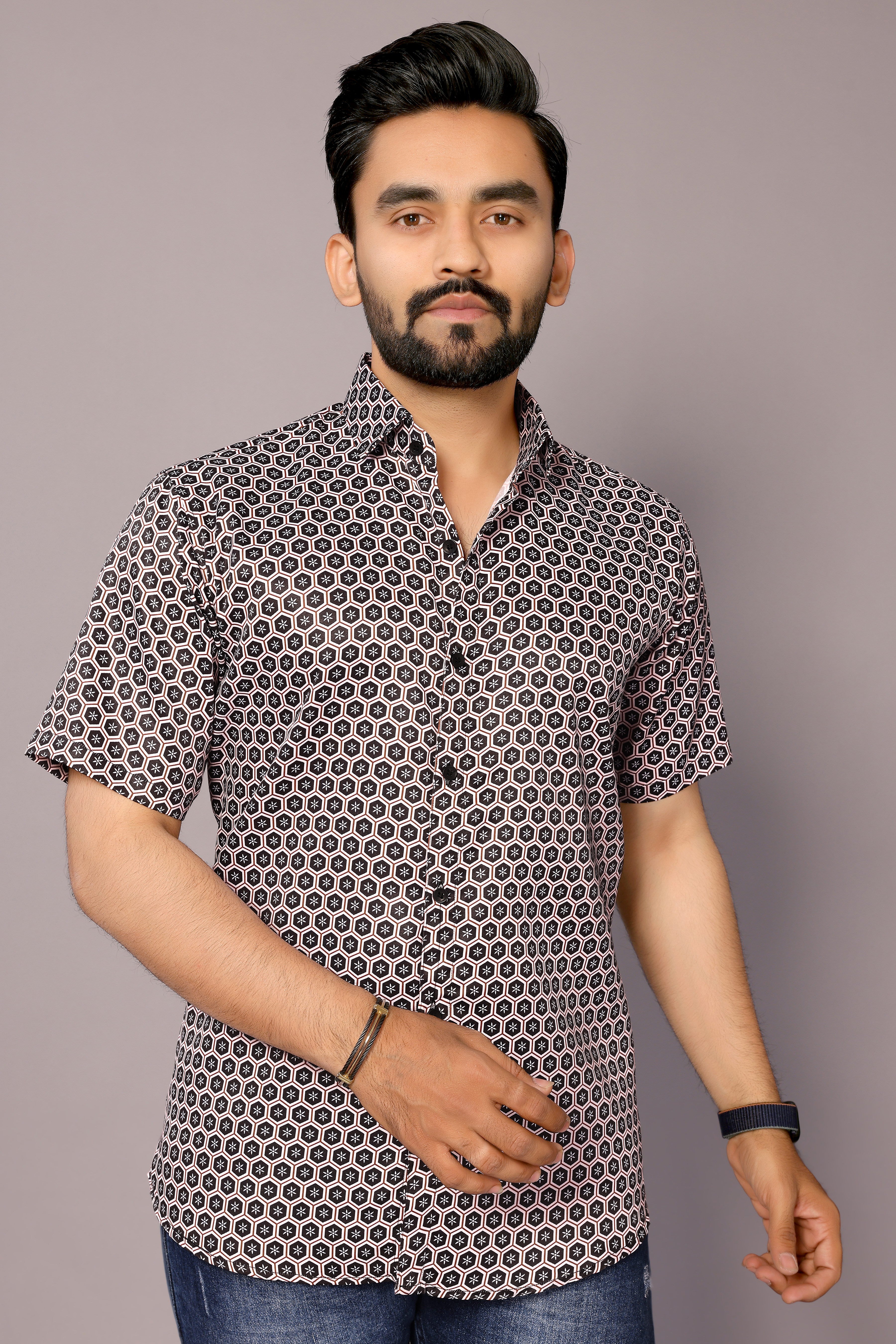 Stylish Casual & Classy Printed Blind Cotton Half Sleeves Shirt