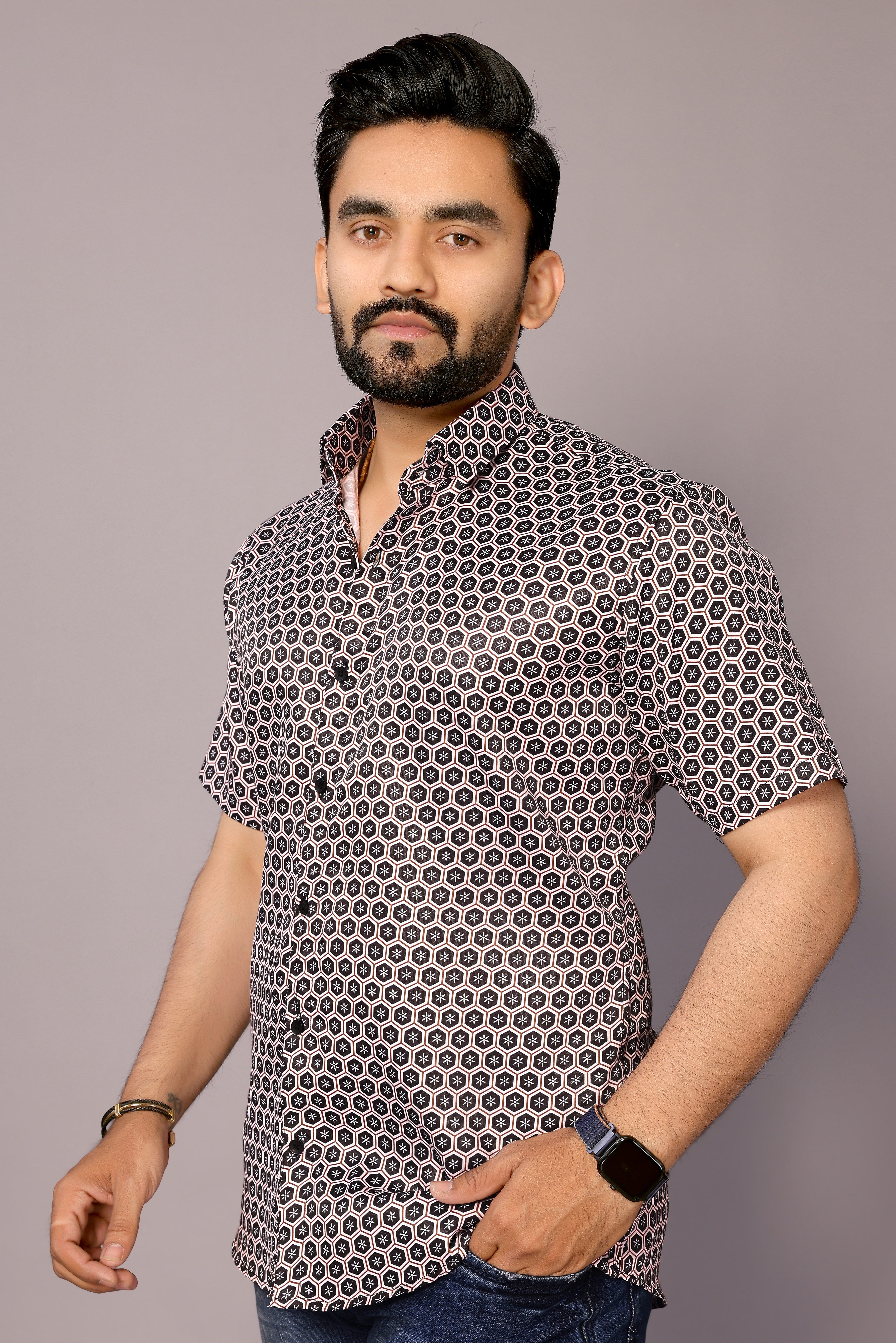 Stylish Casual & Classy Printed Blind Cotton Half Sleeves Shirt