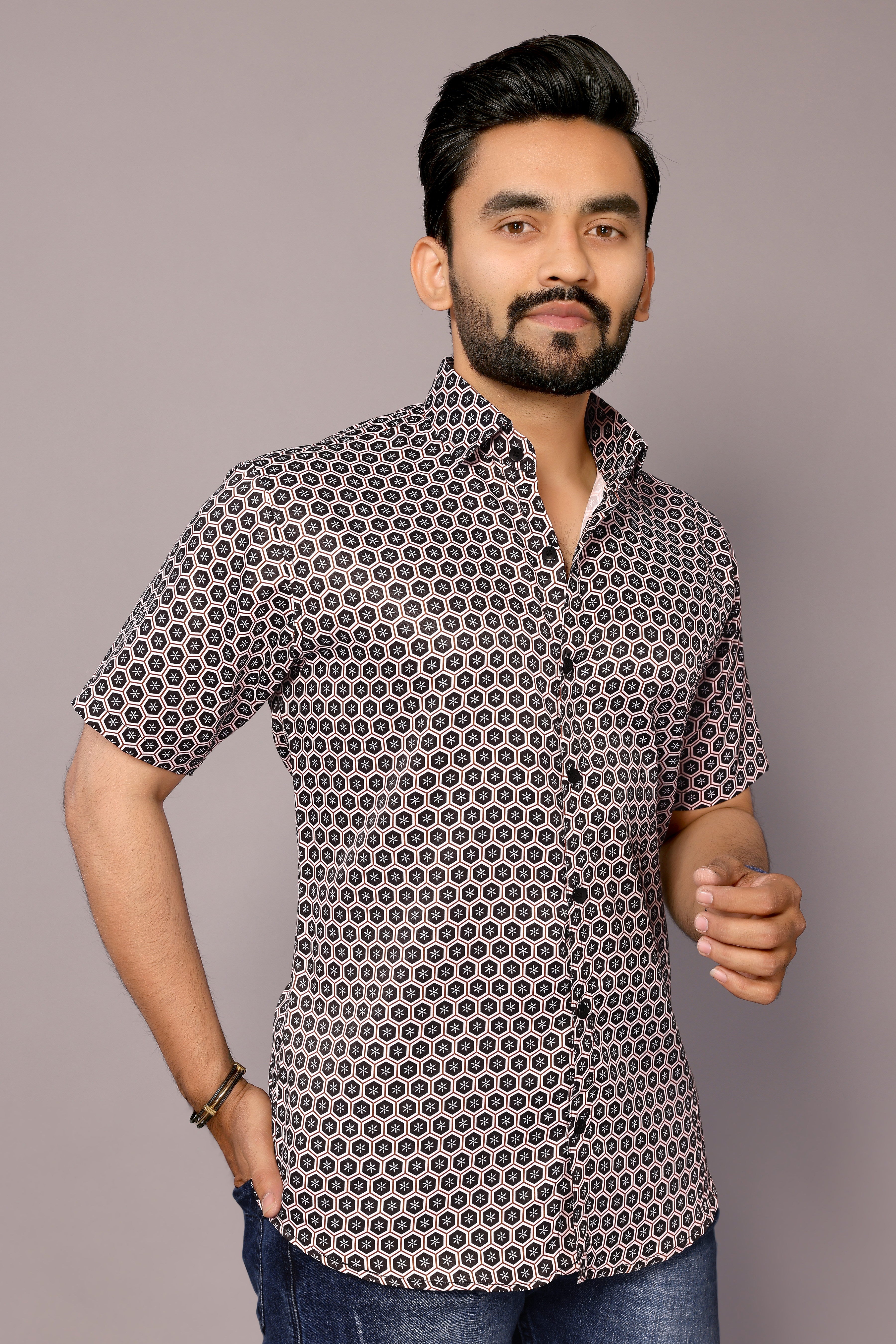 Stylish Casual & Classy Printed Blind Cotton Half Sleeves Shirt