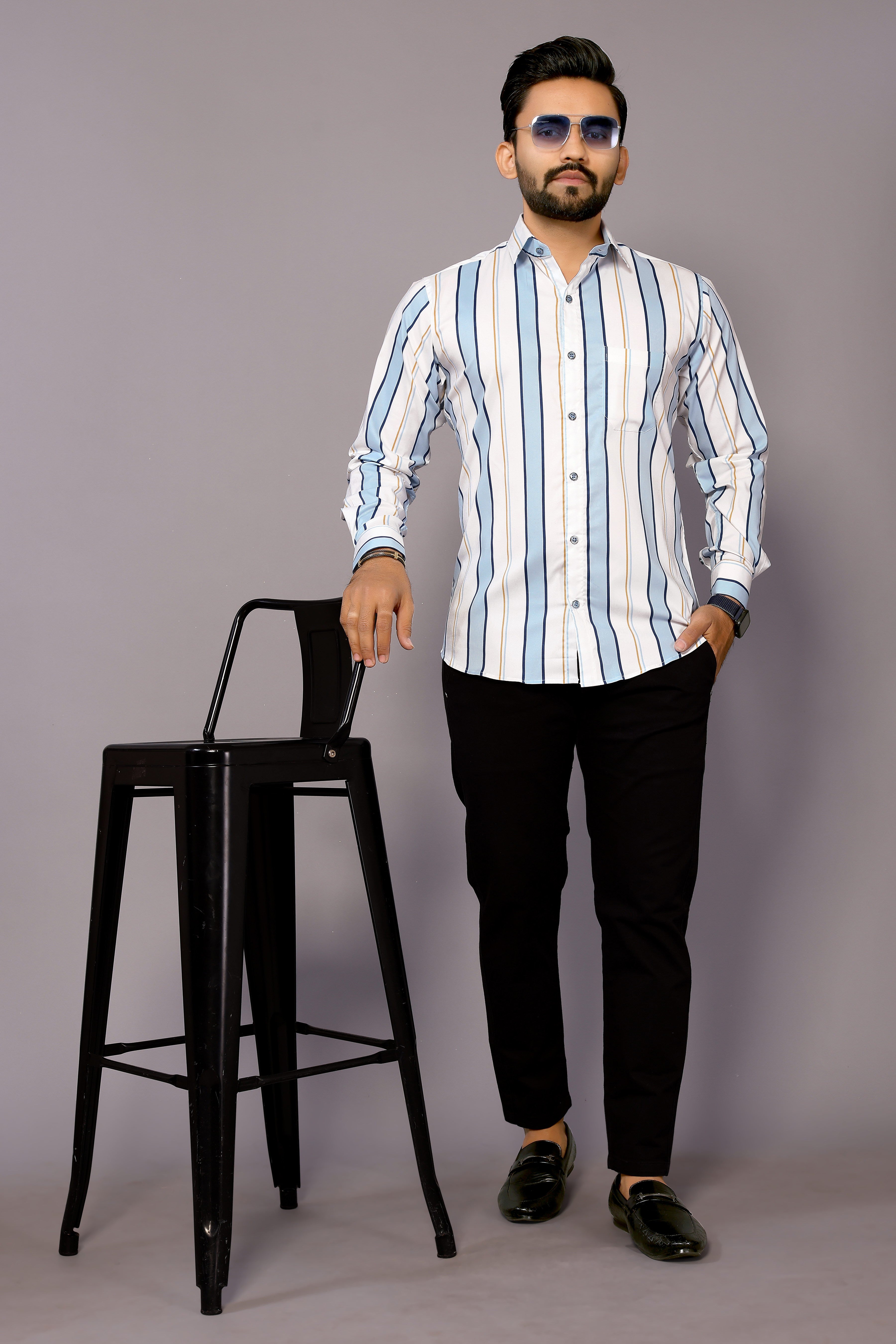 Stylish Casual & Classy Cotton Printed White Blue Colour Full Sleeve Shirt