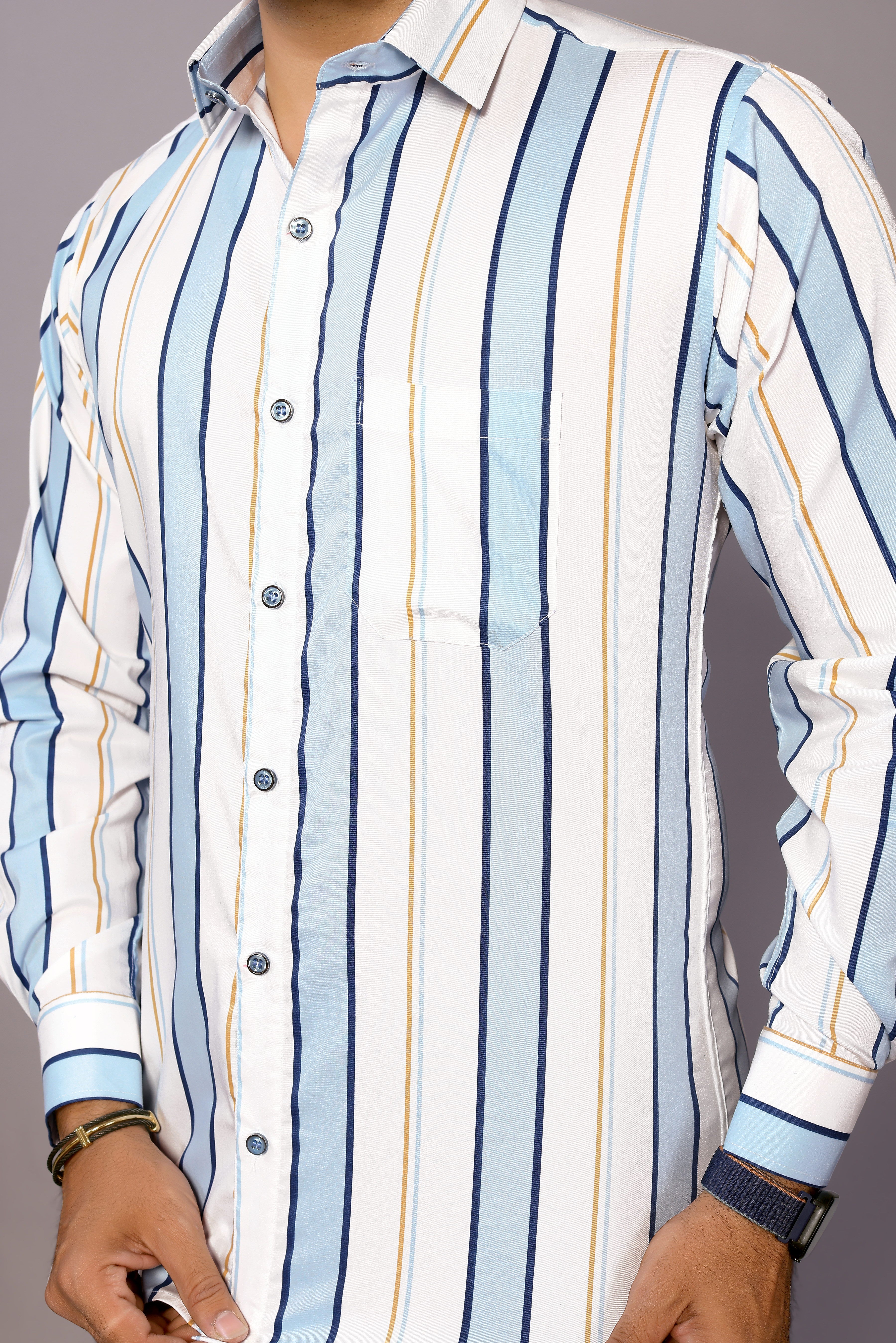 Stylish Casual & Classy Cotton Printed White Blue Colour Full Sleeve Shirt