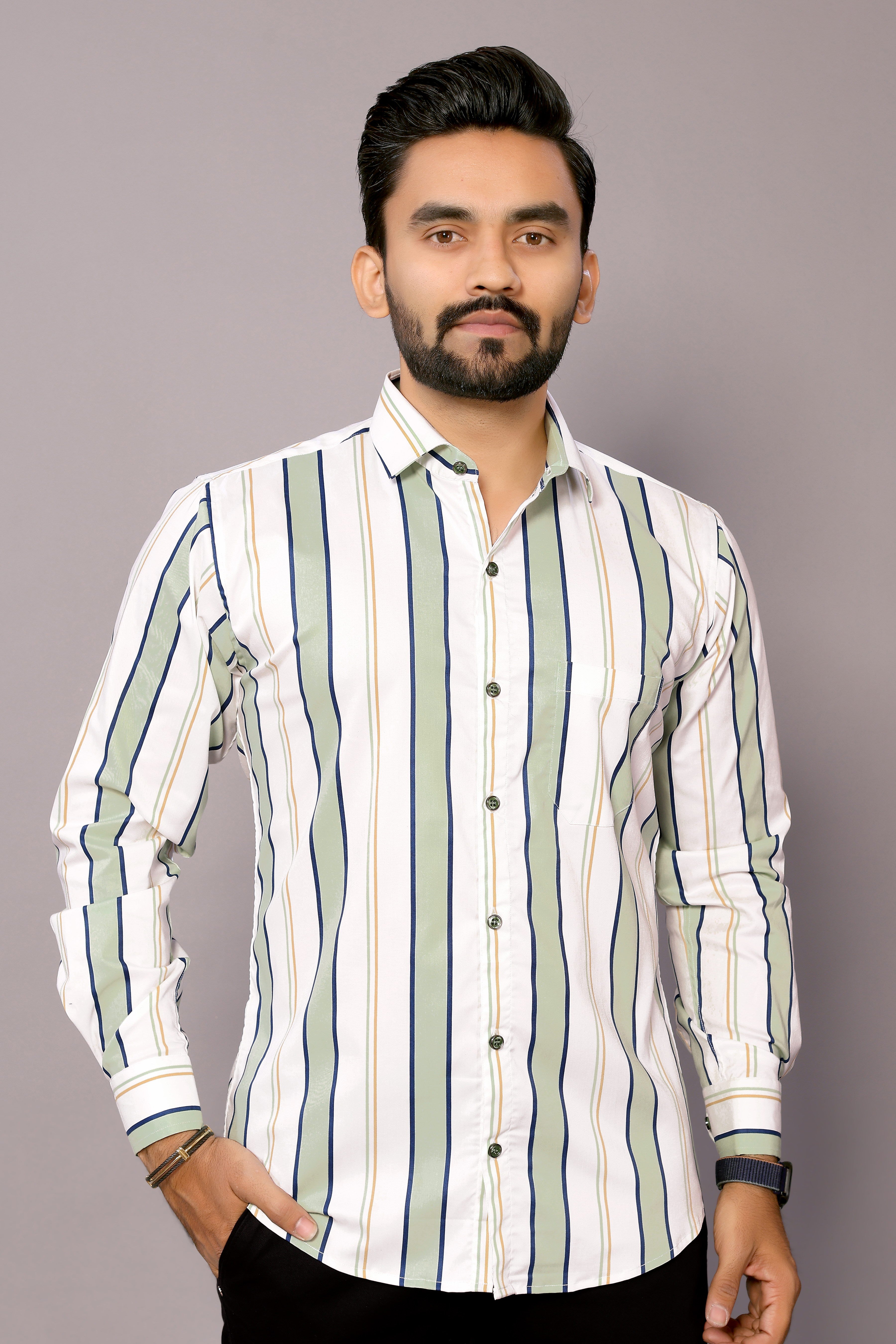 Stylish Casual & Classy Cotton Printed White Green Colour Full Sleeve Shirt