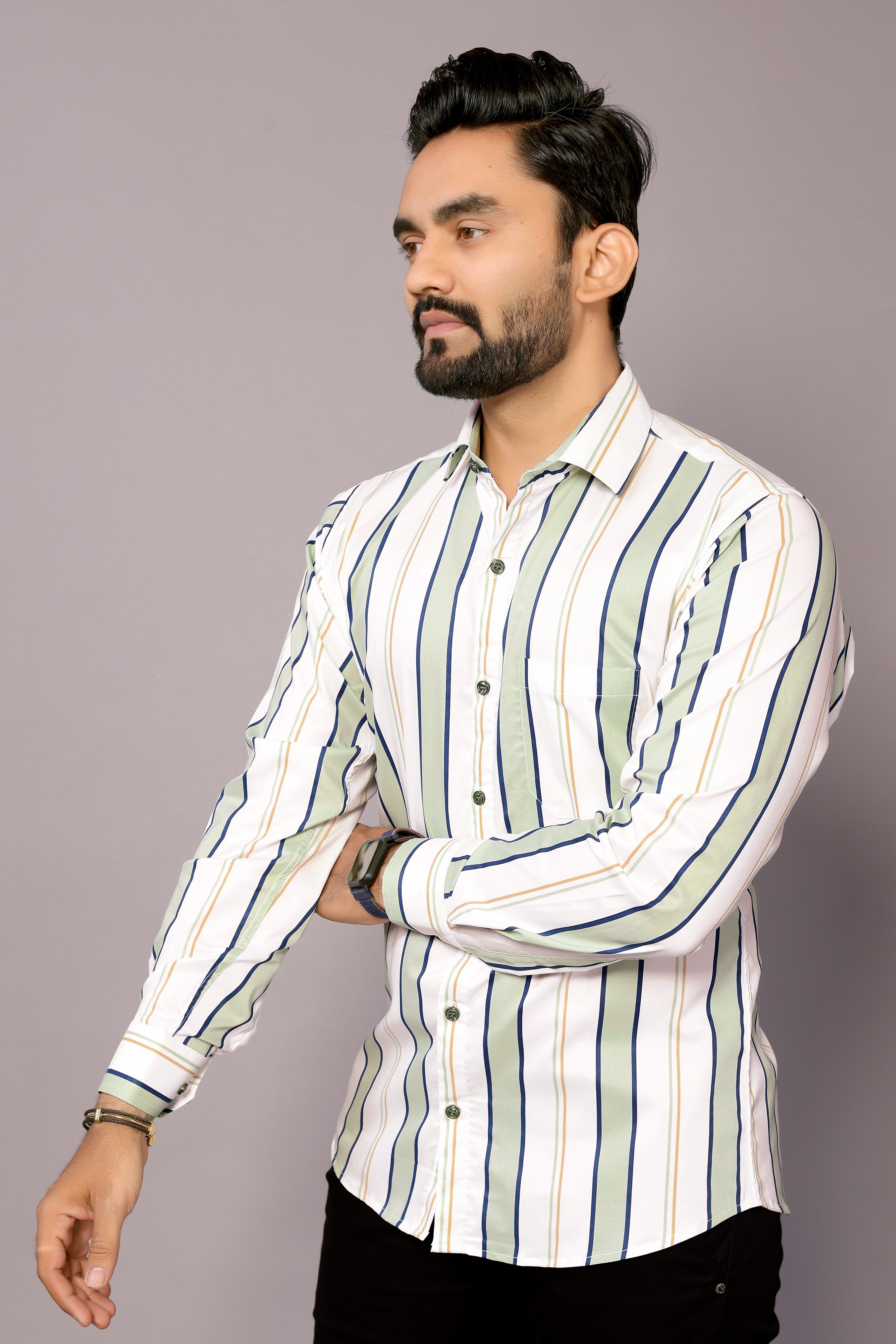 Stylish Casual & Classy Cotton Printed White Green Colour Full Sleeve Shirt