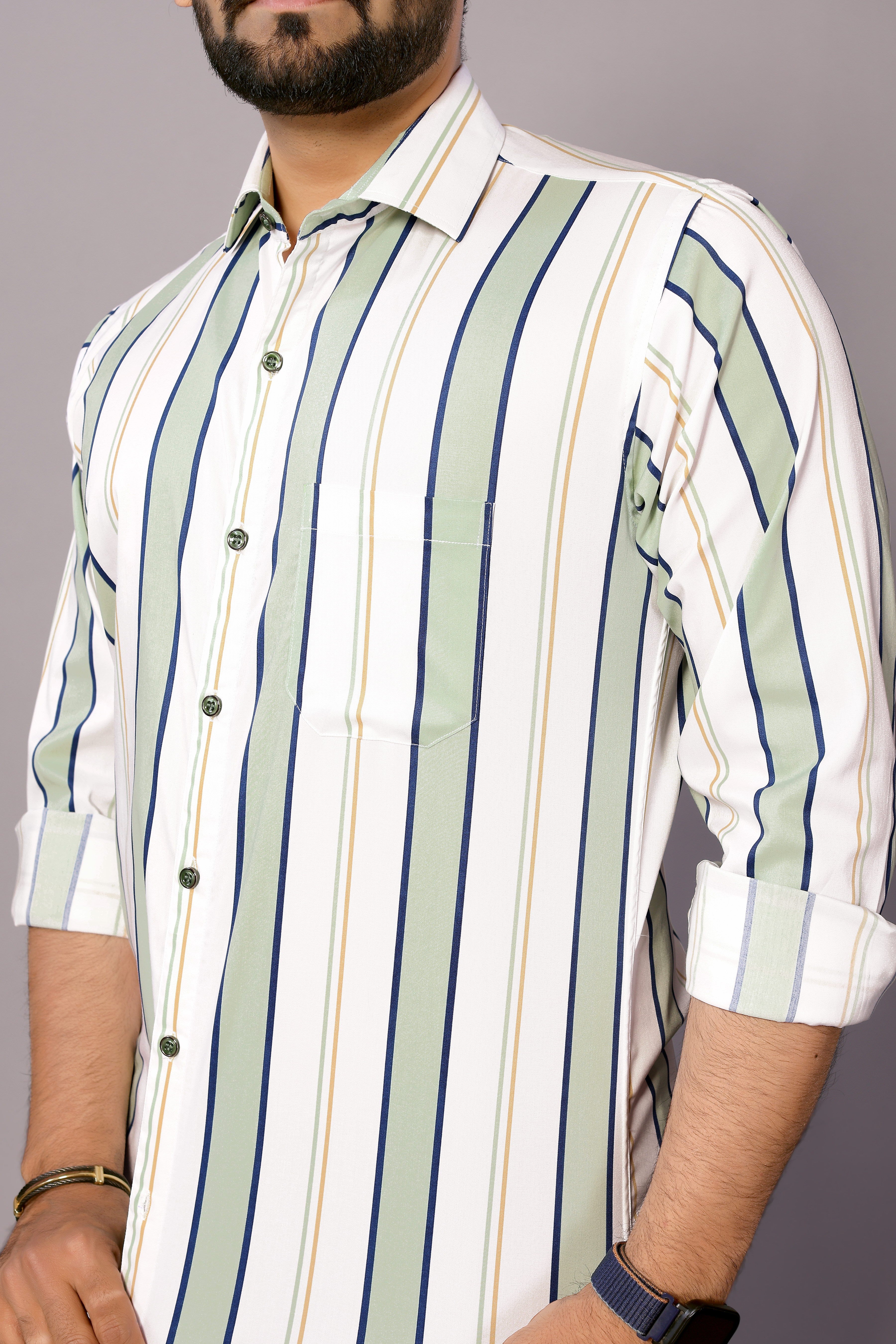 Stylish Casual & Classy Cotton Printed White Green Colour Full Sleeve Shirt