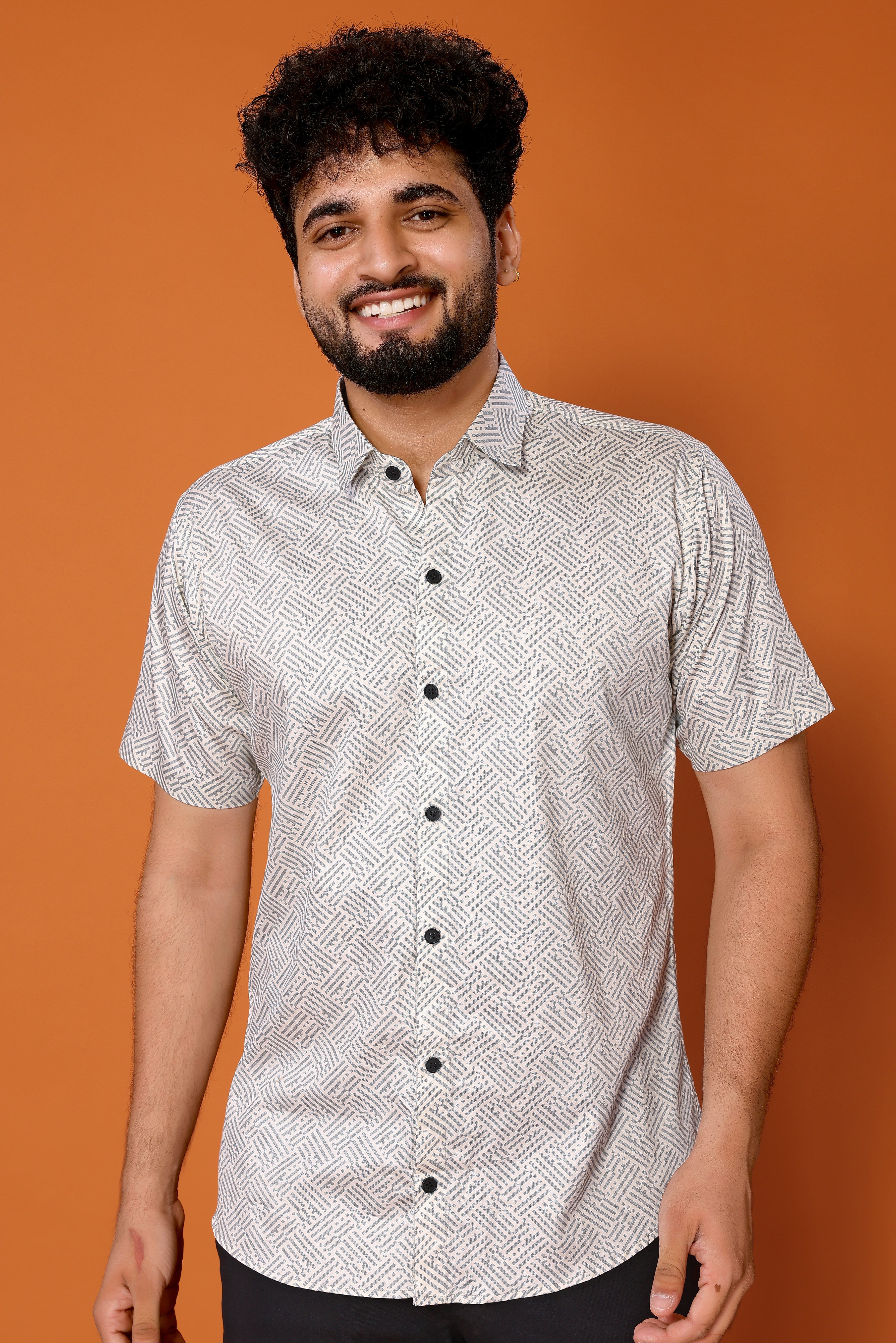 Stylish Casual & Classy Cotton Printed Grey White Lining Half Sleeves Shirt