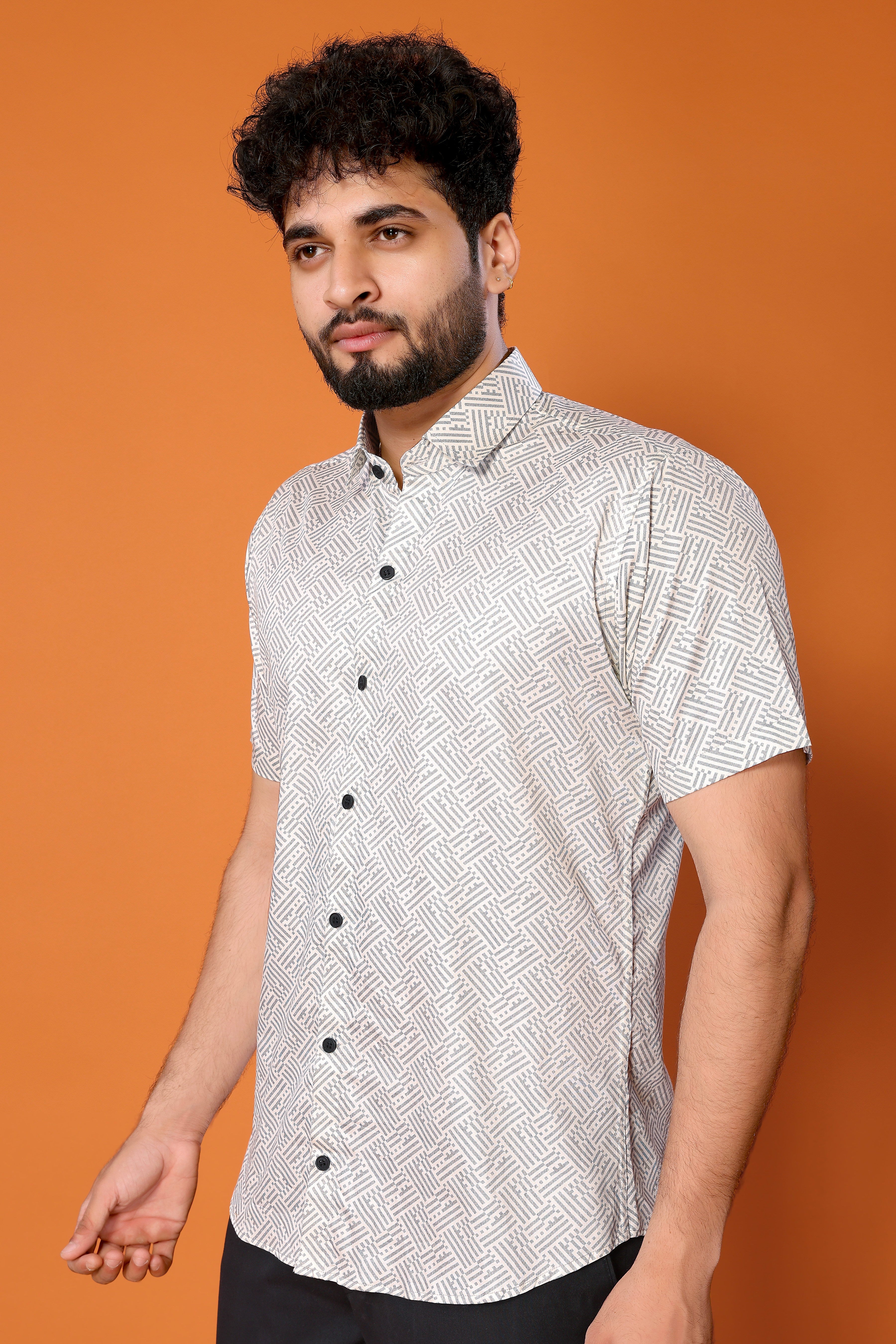 Stylish Casual & Classy Cotton Printed Grey White Lining Half Sleeves Shirt