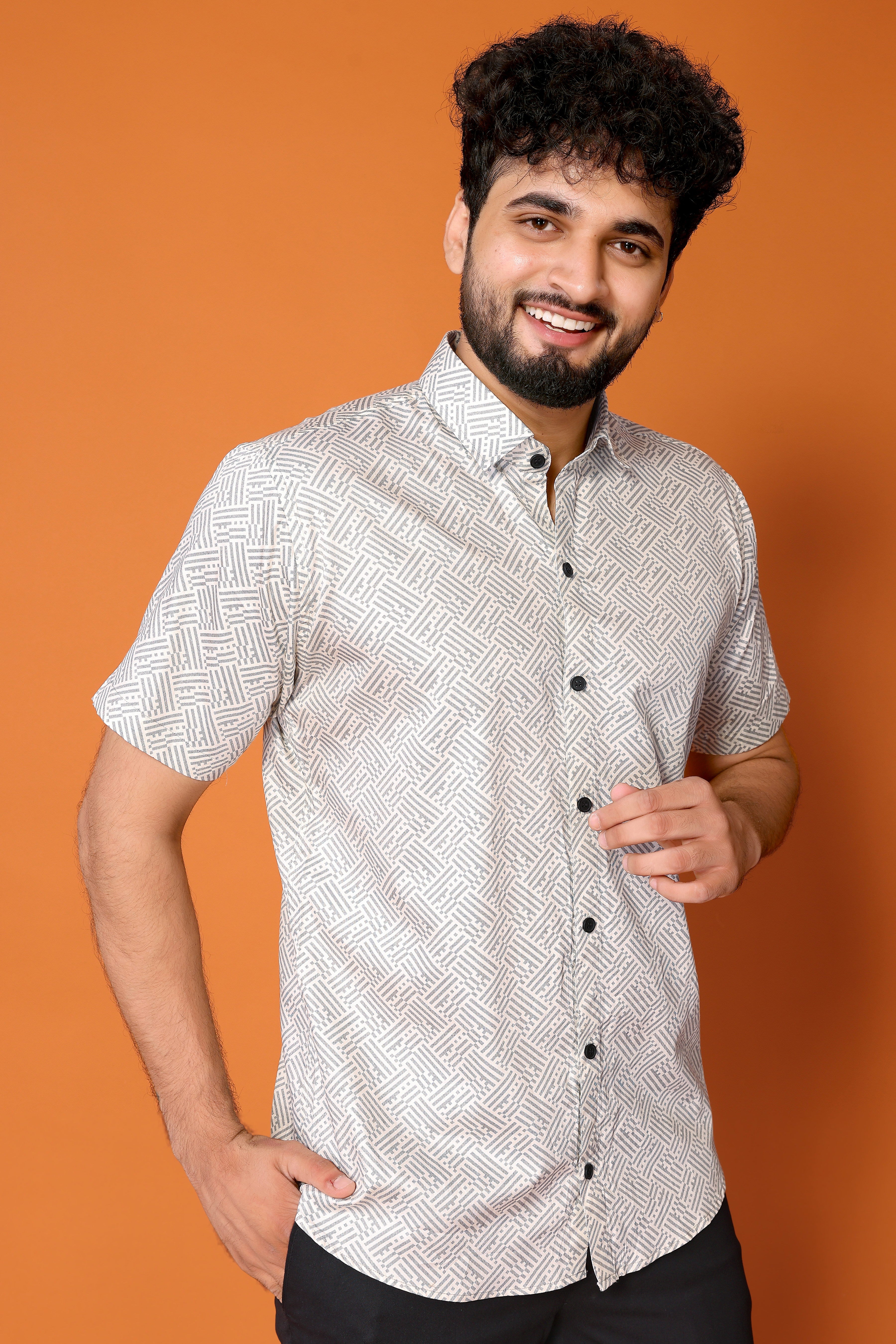 Stylish Casual & Classy Cotton Printed Grey White Lining Half Sleeves Shirt