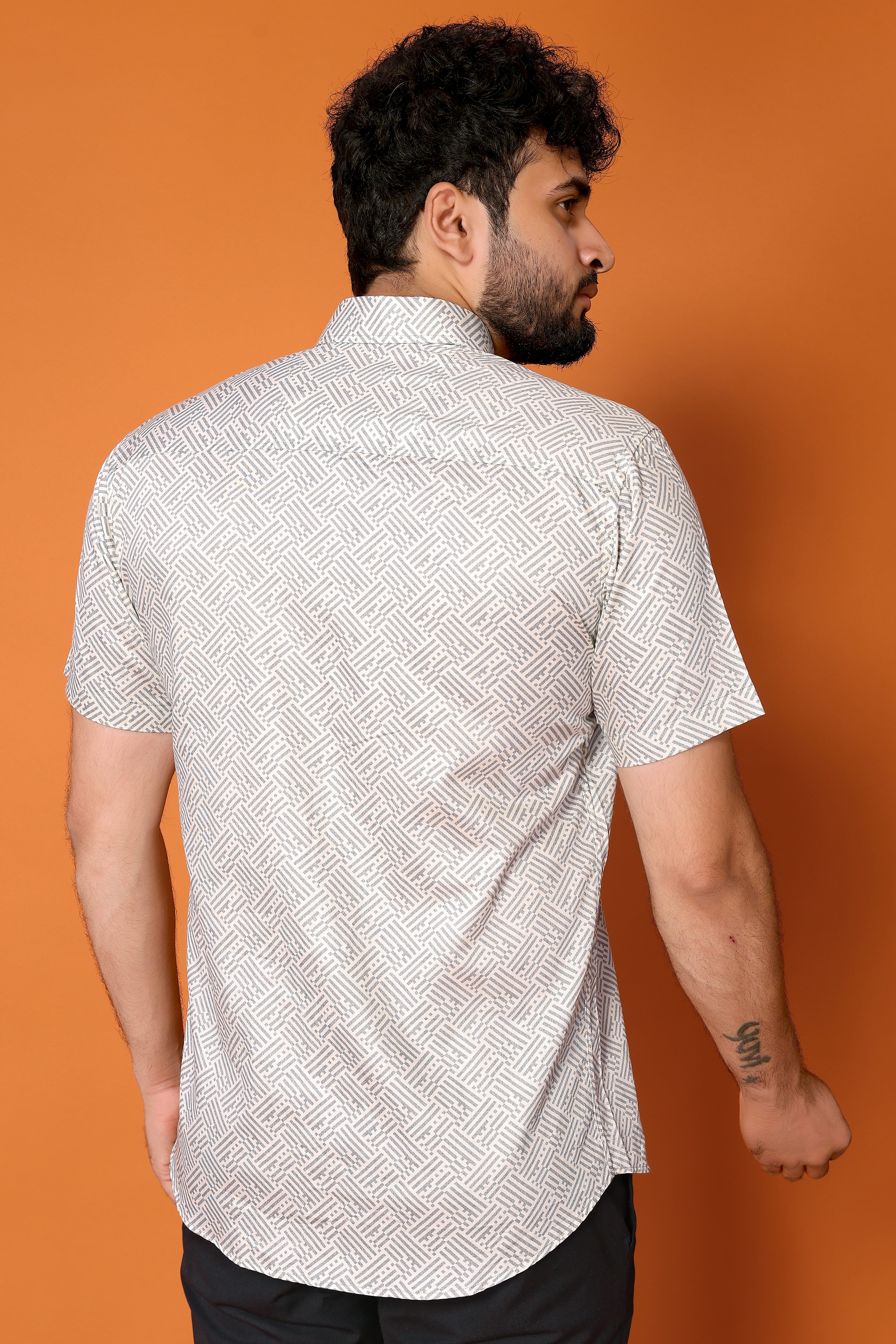 Stylish Casual & Classy Cotton Printed Grey White Lining Half Sleeves Shirt