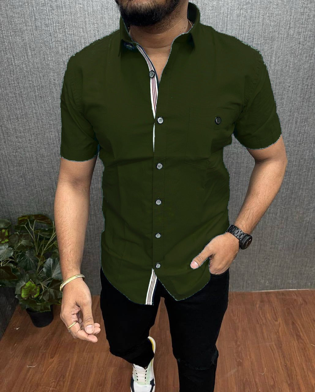 Dark Mahendi Cotton Half Sleeves Shirt