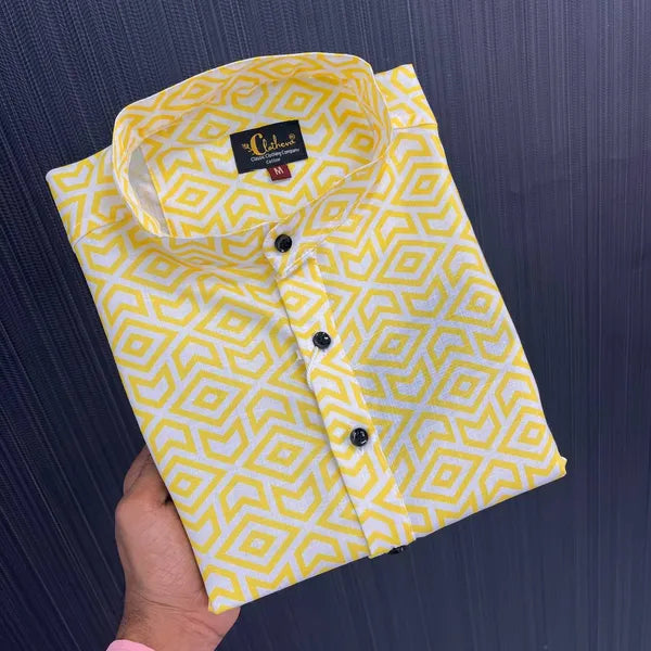 Stylish Casual & Classy Yellow Blue Colour Printed Kurta Shirt Half Sleeves