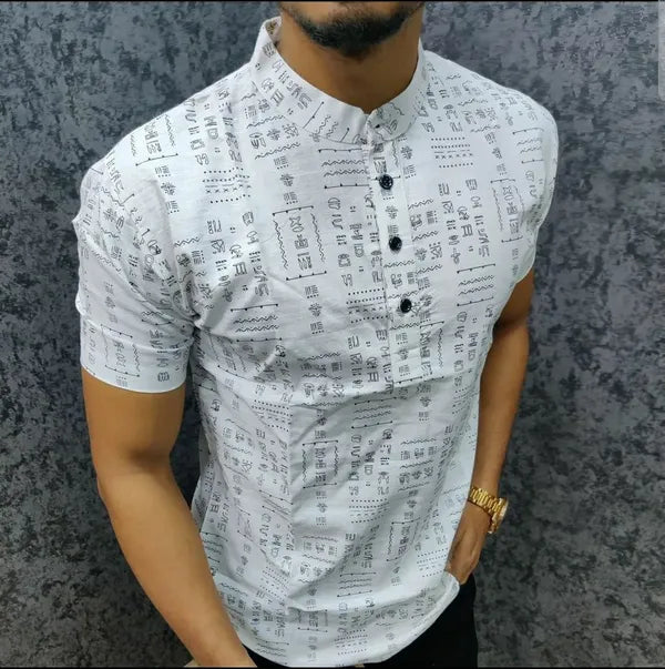 Stylish Casual & Classy White Printed Kurta Shirt Half Sleeves