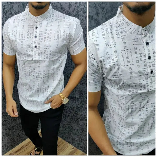 Stylish Casual & Classy White Printed Kurta Shirt Half Sleeves