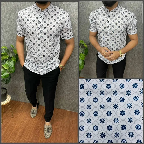 Stylish Casual & Classy White Printed Blind Cotton Kurta Shirt Half Sleeves