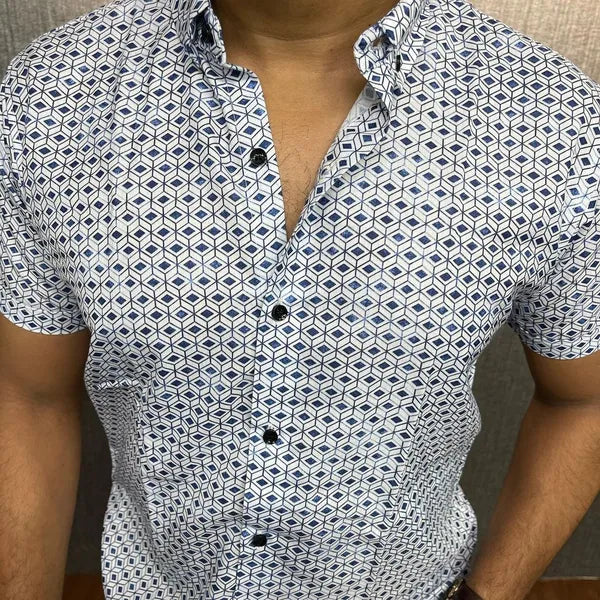 Stylish Casual & Classy White Printed Blind Cotton Half Sleeves Shirt