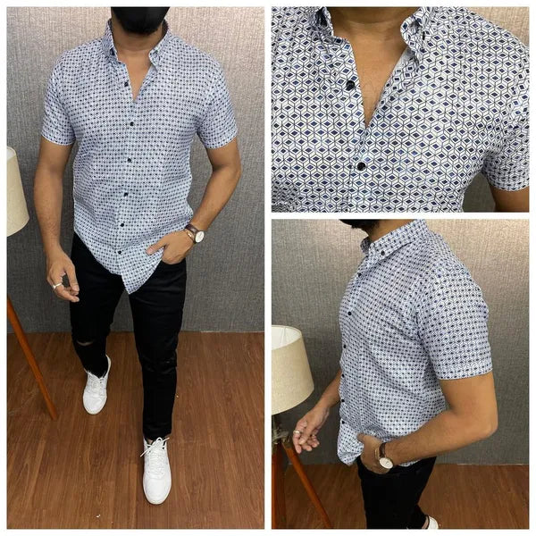 Stylish Casual & Classy White Printed Blind Cotton Half Sleeves Shirt