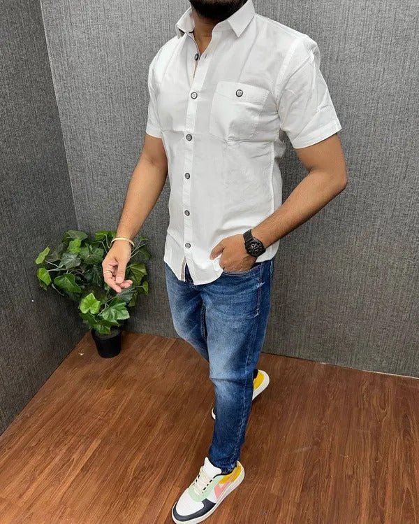 White Cotton Half Sleeves Shirt